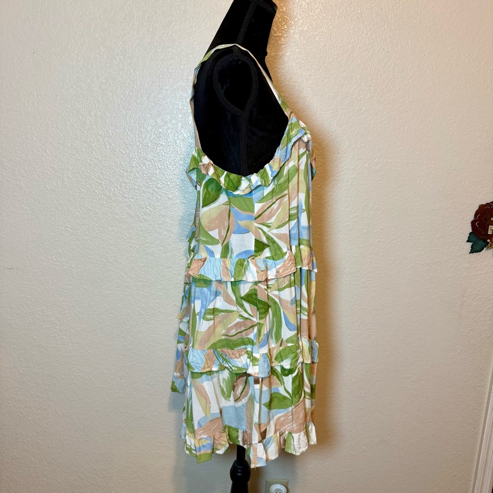 Girl And The Sun Ruffle Sun Dress Watercolor Leaf Print White Green Tan Size XL - Picture 10 of 14